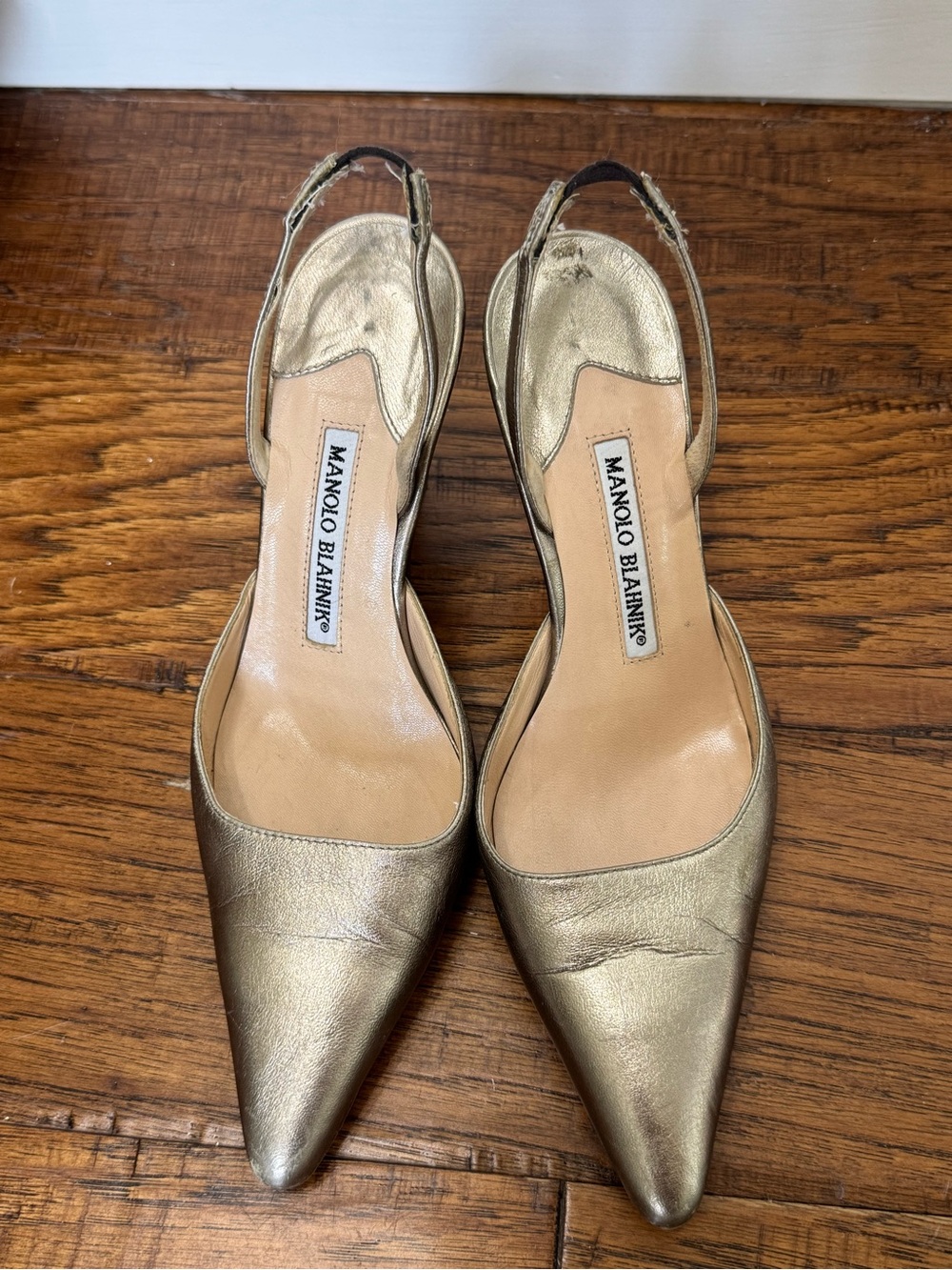 Manolo Blahnik Metallic Gold Pointed Slingback Pumps